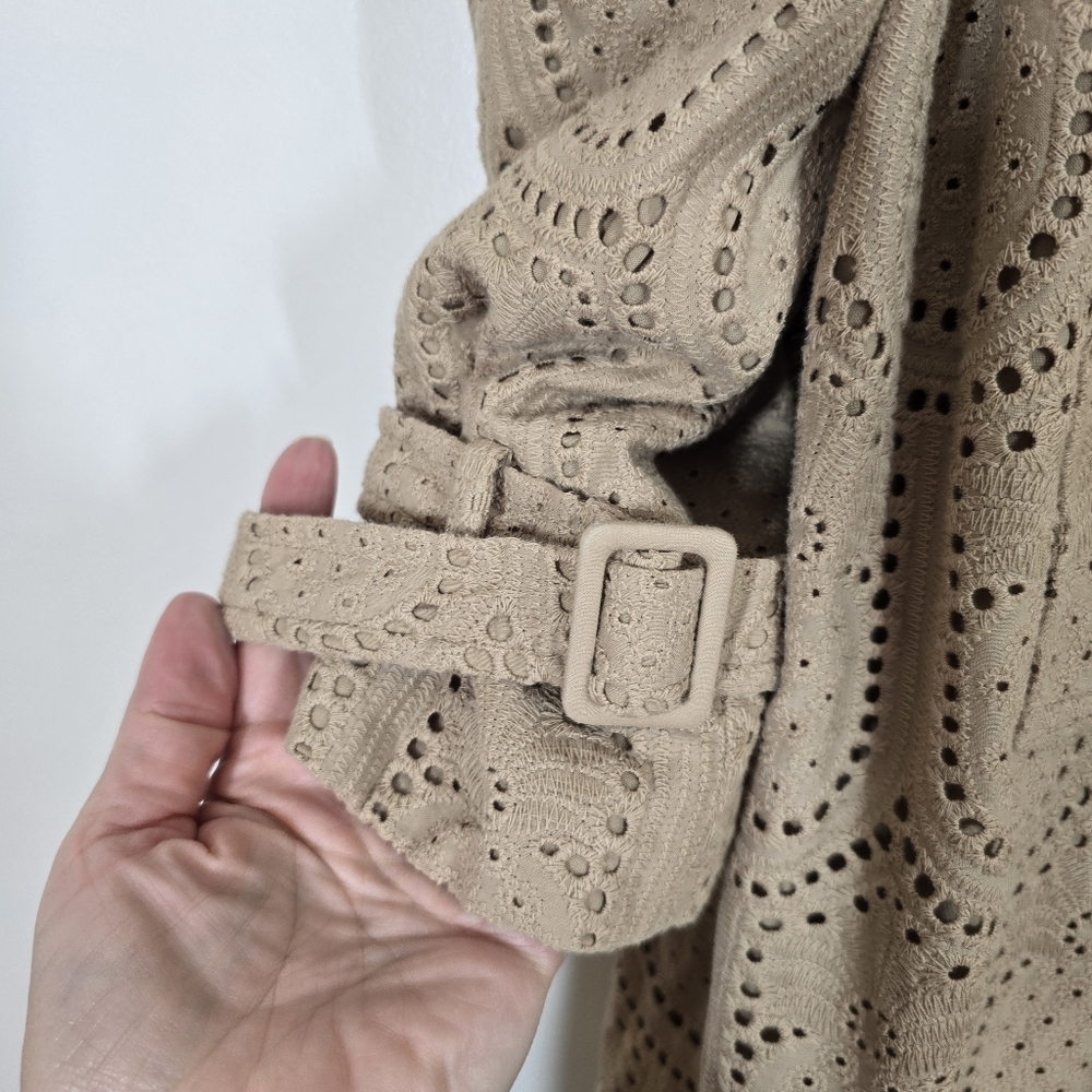 Anthropologie Farm Rio Pineapple Cotton Eyelet Trench Coat Medium Khaki Tan - Picture 8 of 12